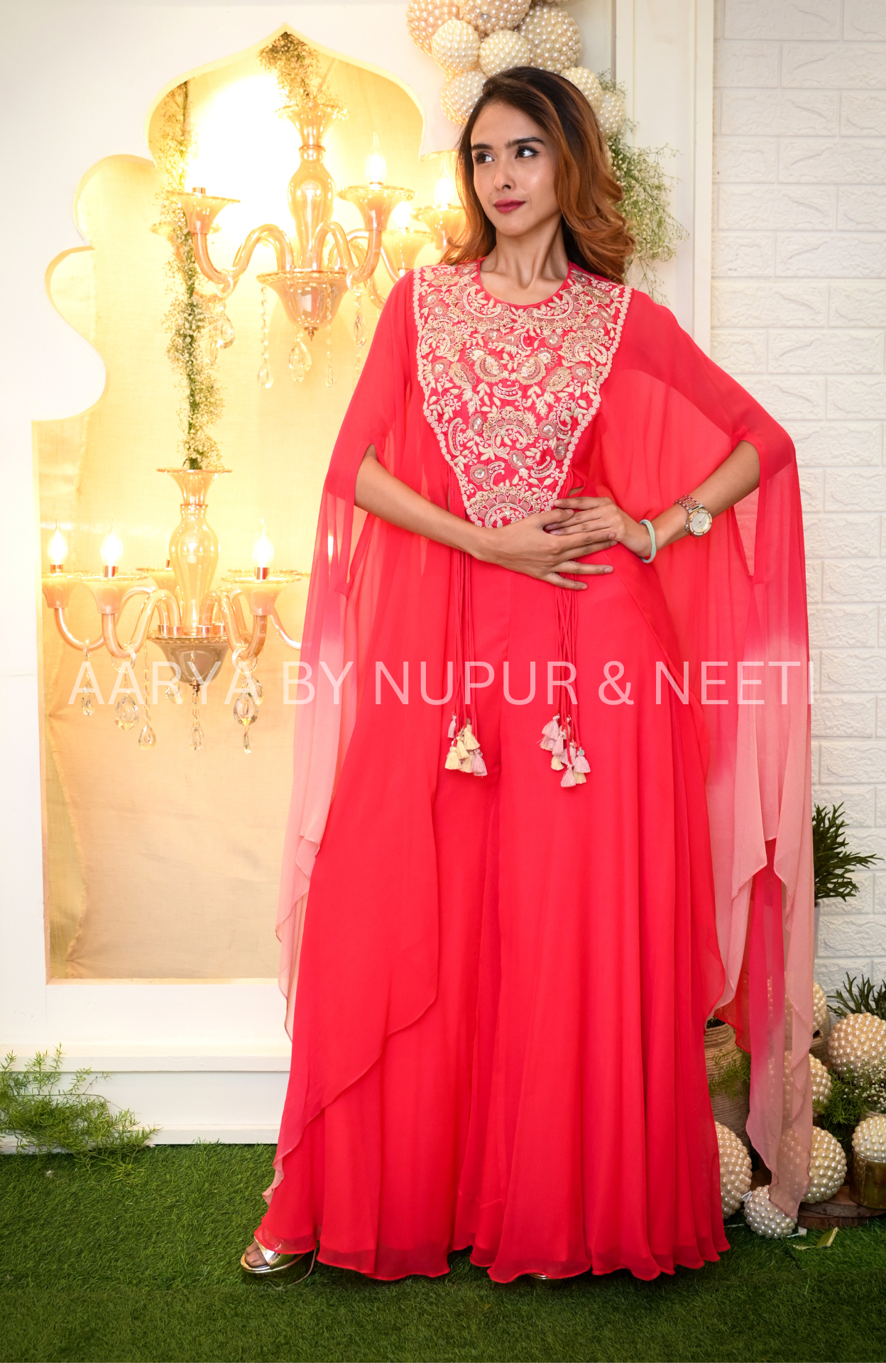 Shaded Chiffon Cape with Hand Embroidered Yoke with Flair Palazzos
