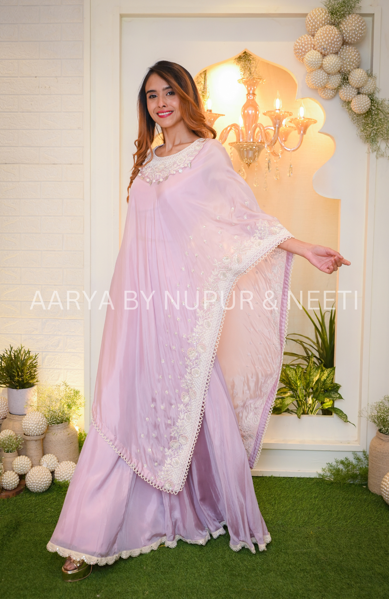 Pure Silk Bandhej Cape with Hand Embroidered Border and Neckline with Flair Palazzos