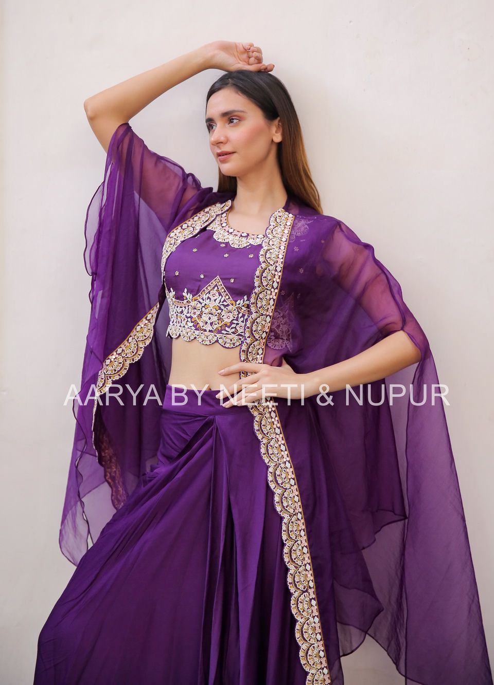 Moti Chid Hand Work Blouse With Organza Cape & Pick Up Skirt