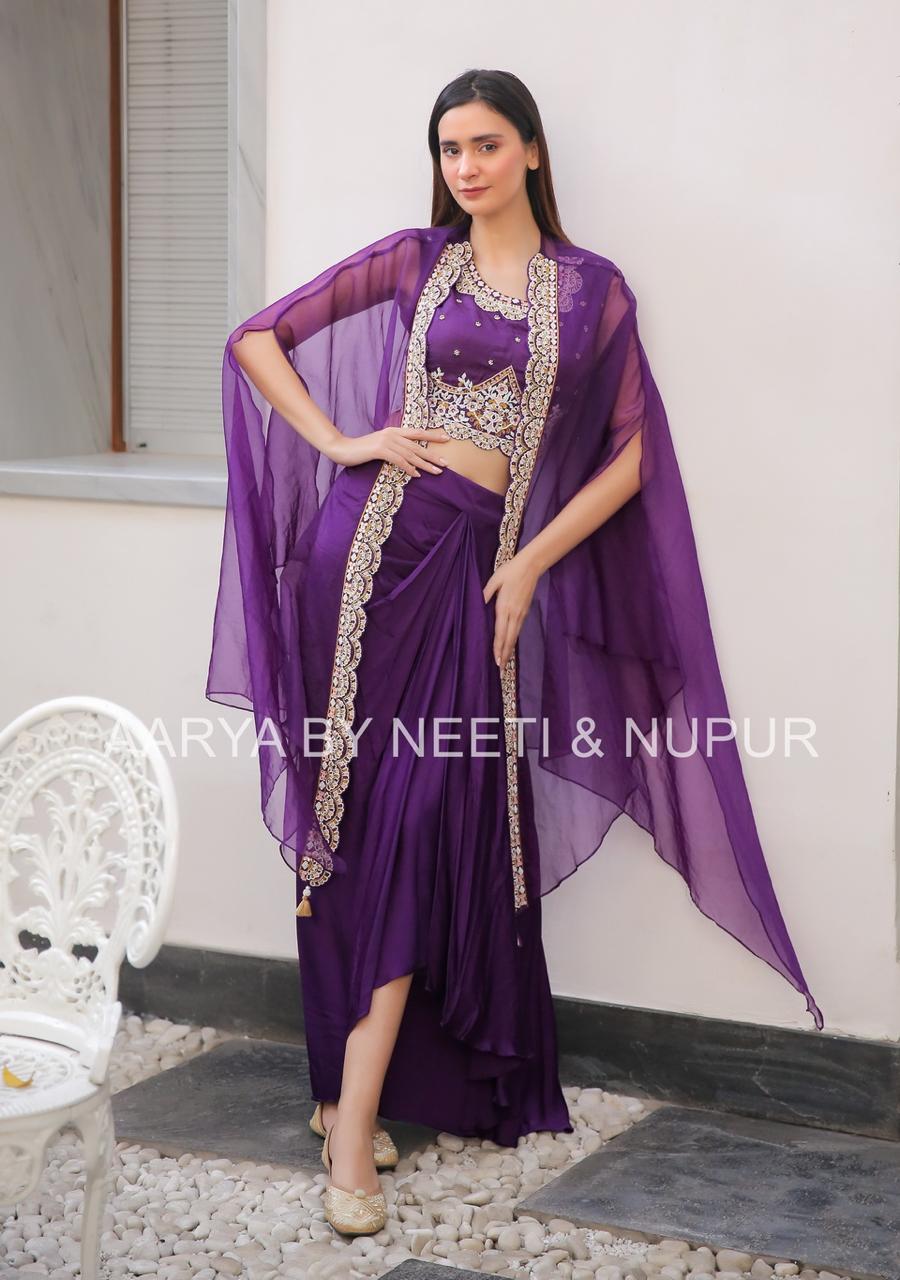 Moti Chid Hand Work Blouse With Organza Cape & Pick Up Skirt