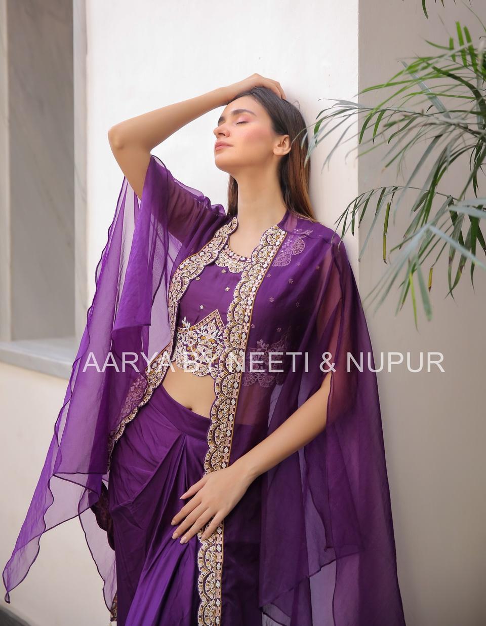 Moti Chid Hand Work Blouse With Organza Cape & Pick Up Skirt