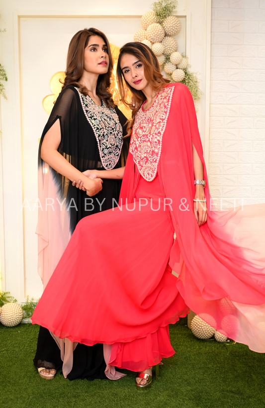 Shaded Chiffon Cape with Hand Embroidered Yoke with Flair Palazzos