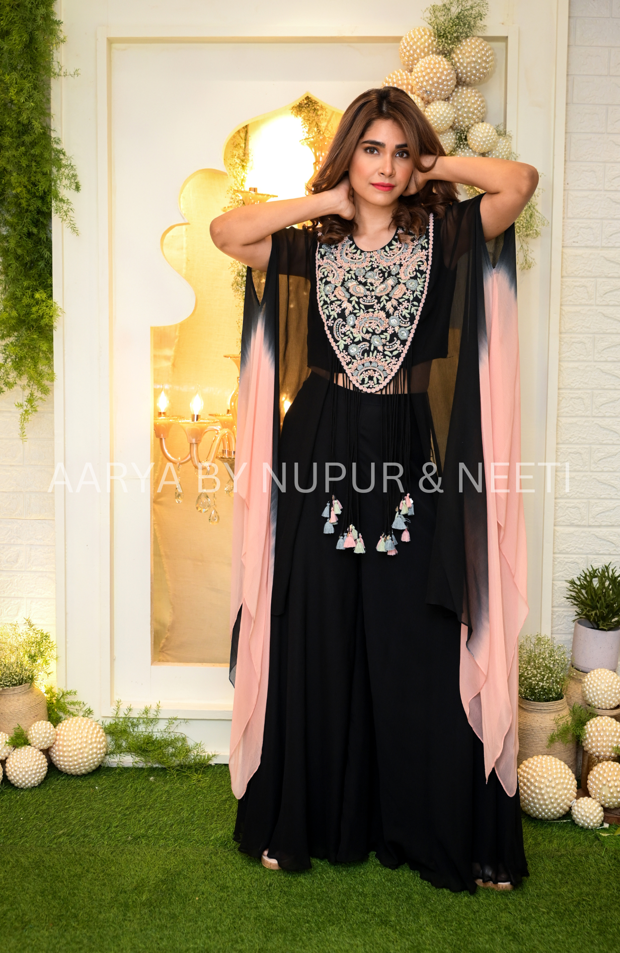 Shaded Chiffon Cape with Hand Embroidered Yoke with Flair Palazzos