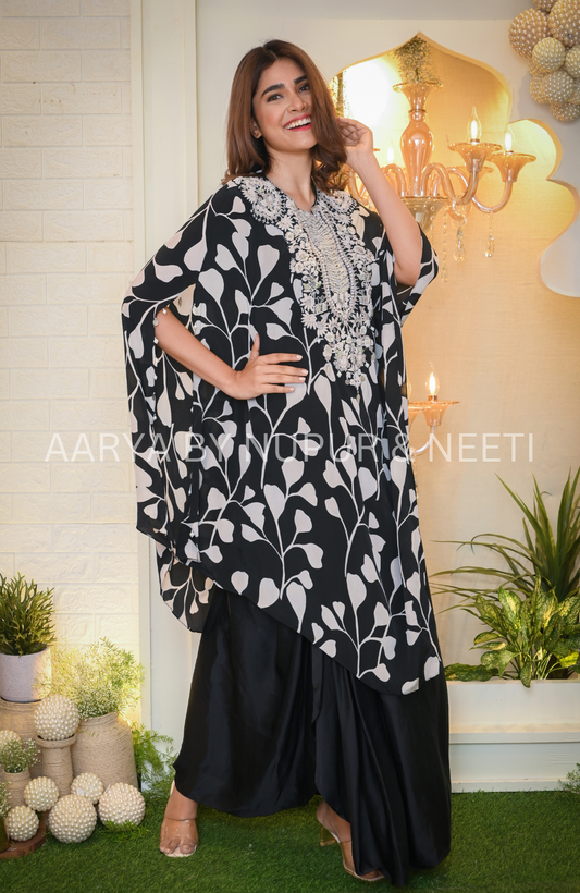 Pure Silk Printed Cape with Pick Up Skirt and Hand Embroidered Yoke