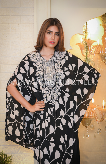 Pure Silk Printed Cape with Pick Up Skirt and Hand Embroidered Yoke