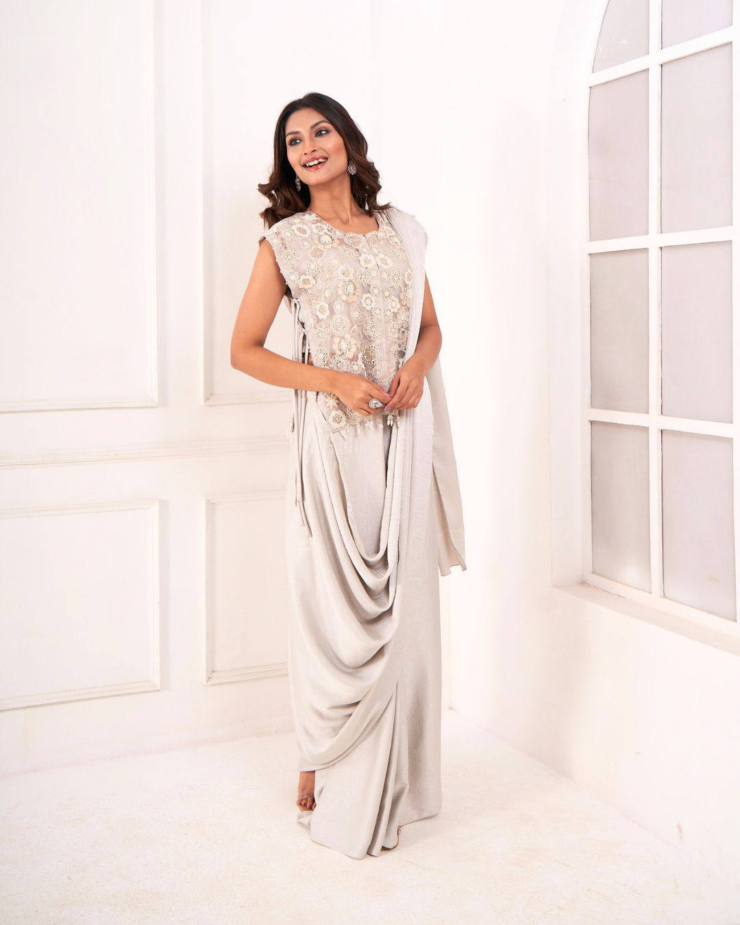 Organza Bib Draped Saree Set