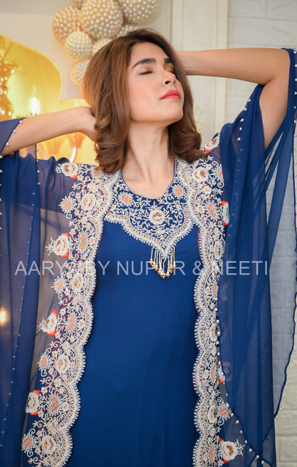 Chiffon Cape with Hand Embroidered Borders and Embroidered Kurta paired with Palazzos