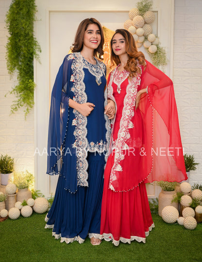 Chiffon Cape with Hand Embroidered Borders and Embroidered Kurta paired with Palazzos