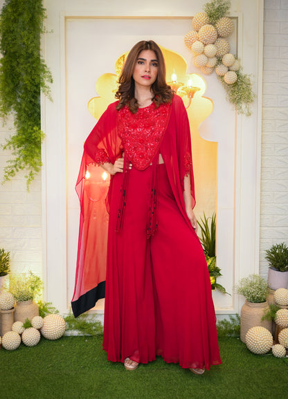 Organza Cape with with Sequin Hand Embroidered Yoke with Tassels paired with Palazzos