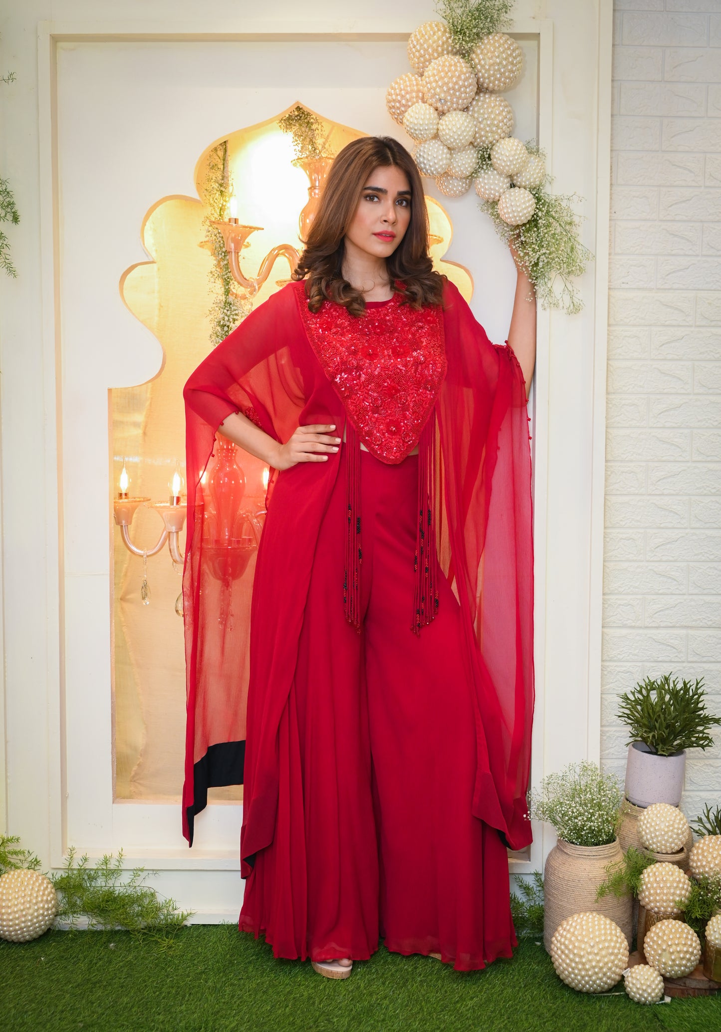 Organza Cape with with Sequin Hand Embroidered Yoke with Tassels paired with Palazzos