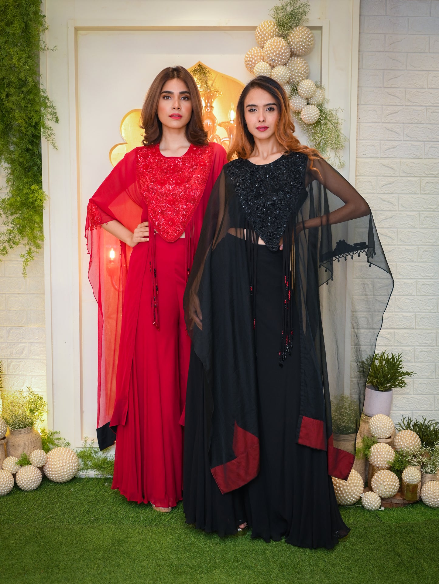 Organza Cape with with Sequin Hand Embroidered Yoke with Tassels paired with Palazzos