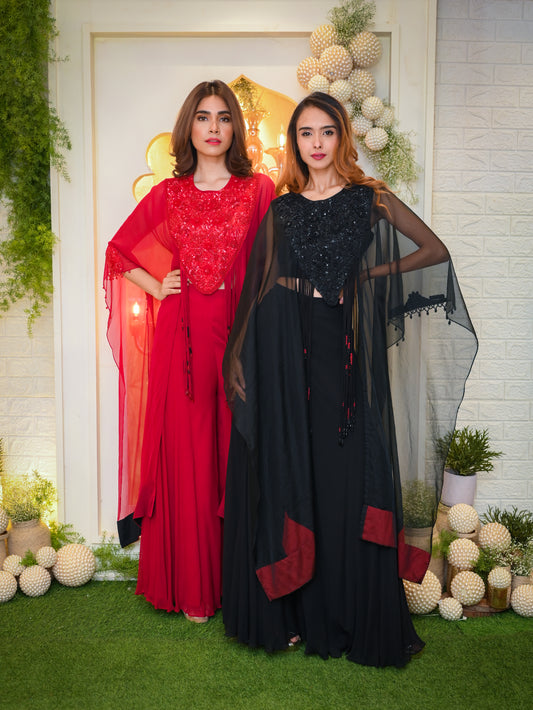 Organza Cape with with Sequin Hand Embroidered Yoke with Tassels paired with Palazzos