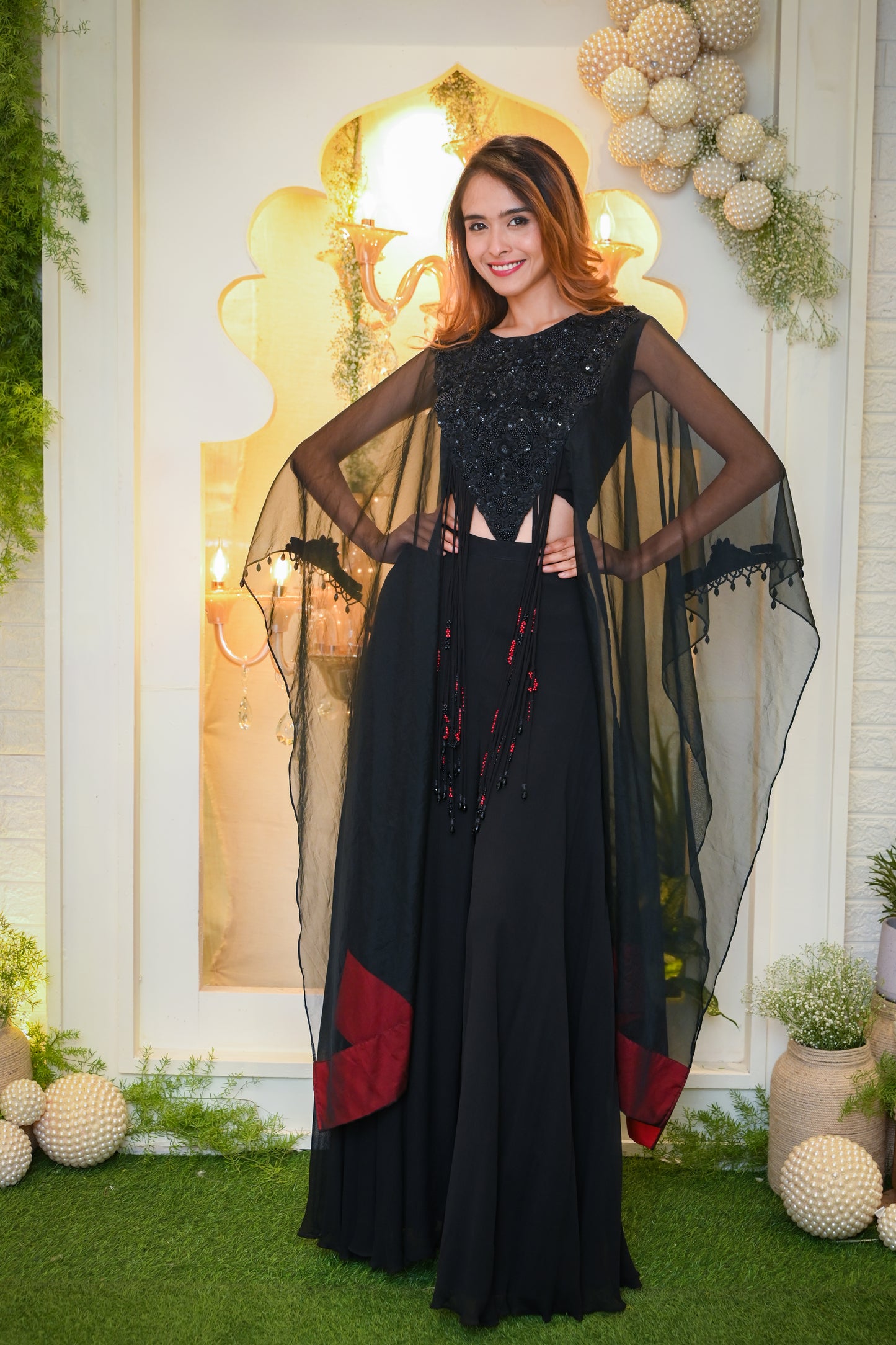 Organza Cape with with Sequin Hand Embroidered Yoke with Tassels paired with Palazzos