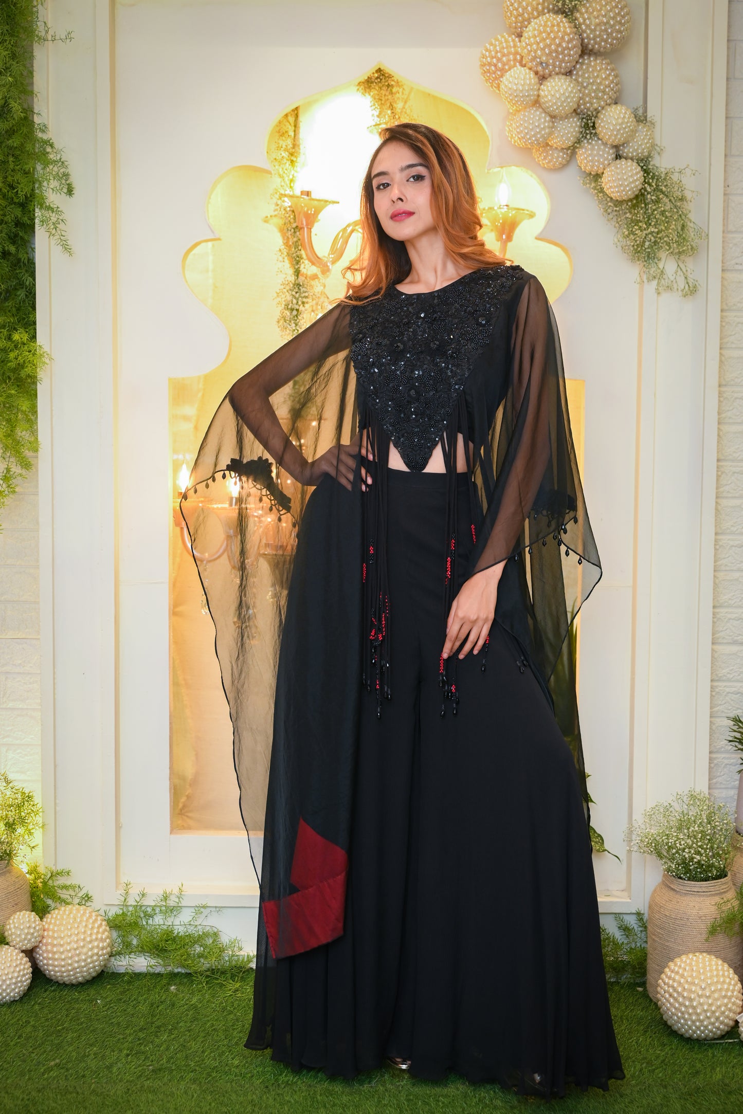 Organza Cape with with Sequin Hand Embroidered Yoke with Tassels paired with Palazzos