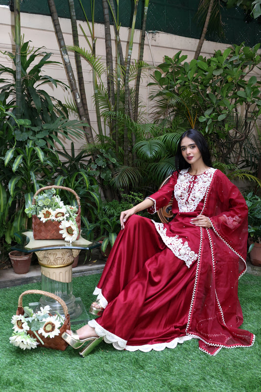 Chanderi Silk Kurta with Plazzo and Embroidered Neckline