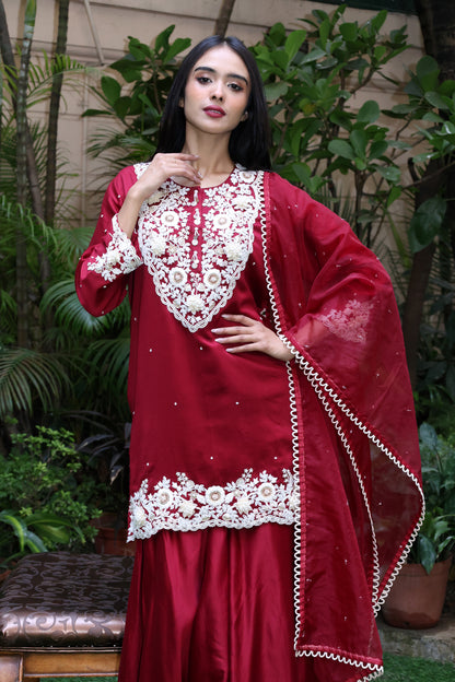 Chanderi Silk Kurta with Plazzo and Embroidered Neckline